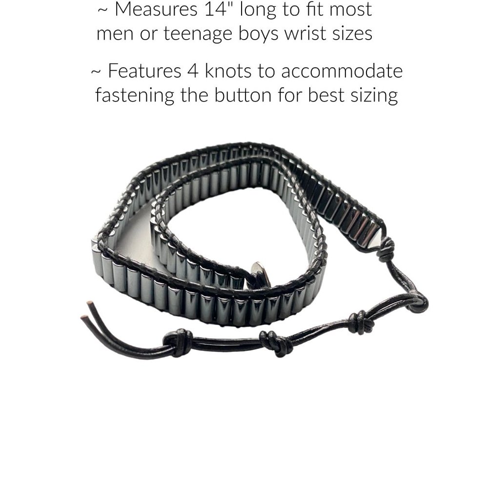 Black Leather Wrap Bracelet Hematite Beads for Men - Picture 2 of 4